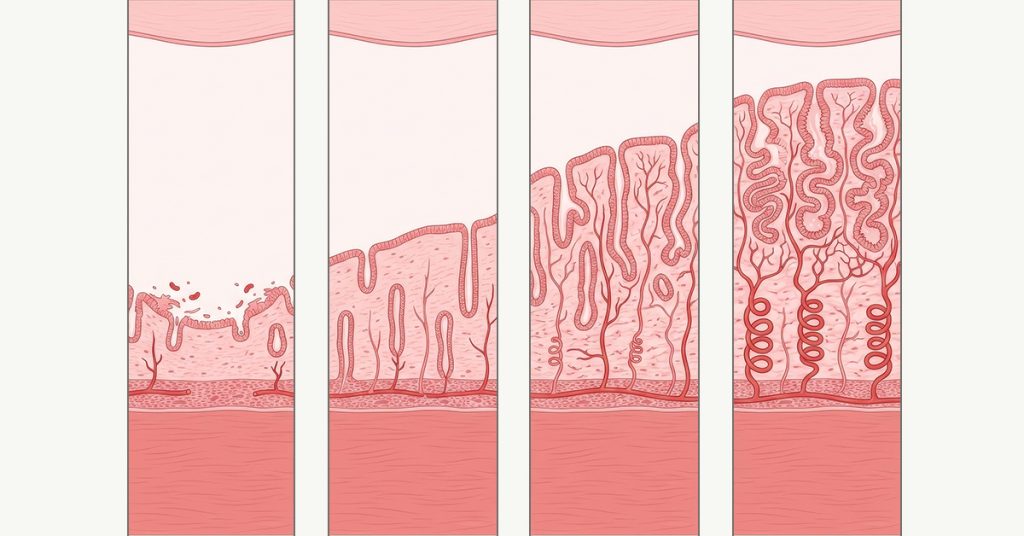 Illustrazione delle diverse fasi del ciclo mestruale con la progressiva crescita dell’endometrio nella parete dell’utero, dalla fase dopo la mestruazione fino allo sviluppo completo del tessuto uterino.