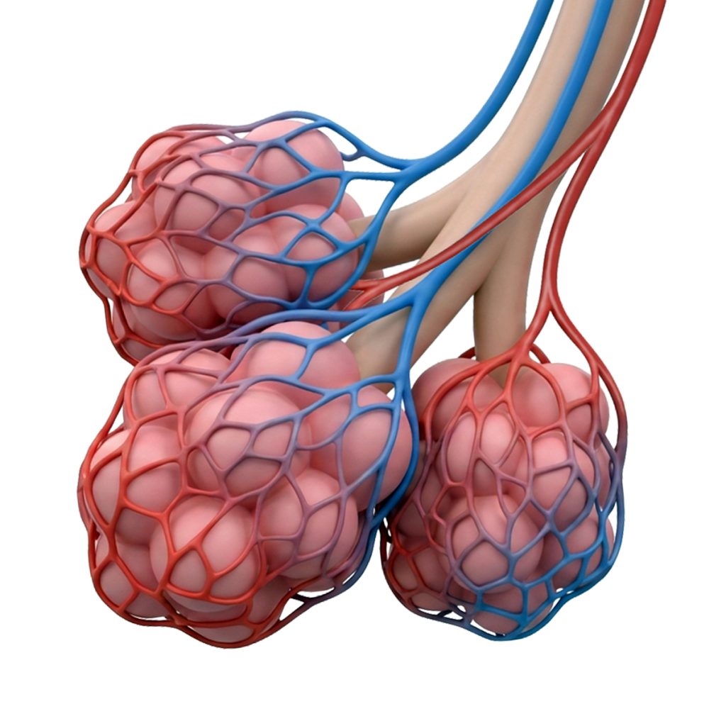 Alveoli polmonari circondati da capillari sanguigni dove avviene lo scambio di ossigeno e anidride carbonica