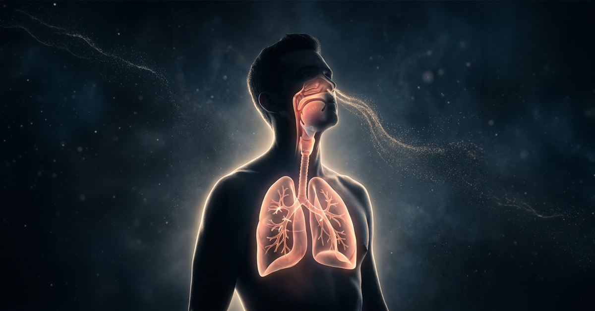 Uomo che inspira con visualizzazione dei polmoni e delle vie respiratorie all’interno del torace su sfondo scuro