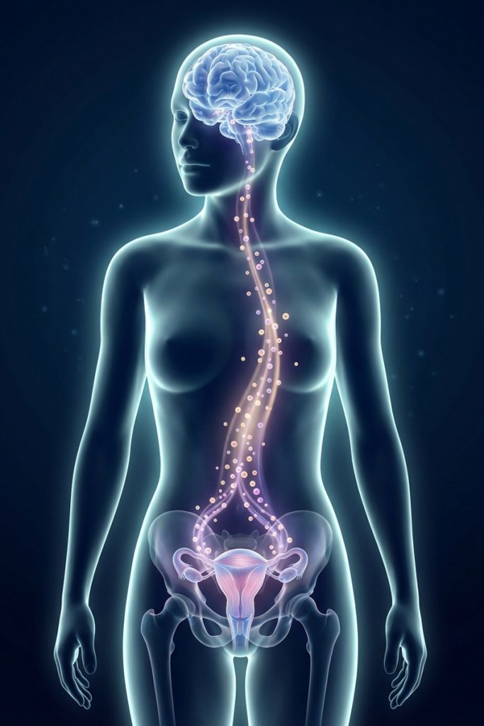 Illustrazione dell’asse ipotalamo-ipofisi-ovaio che mostra la comunicazione ormonale tra cervello, ovaie e utero nel sistema riproduttivo femminile.