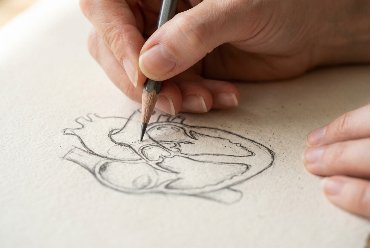 Disegno a matita della sezione del cuore umano mentre viene realizzato su carta ruvida.