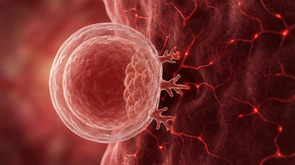 Illustrazione dell’impianto dell’embrione nella parete dell’utero: il blastocisto aderisce all’endometrio e le cellule del trofoblasto iniziano a formare le prime strutture della placenta.