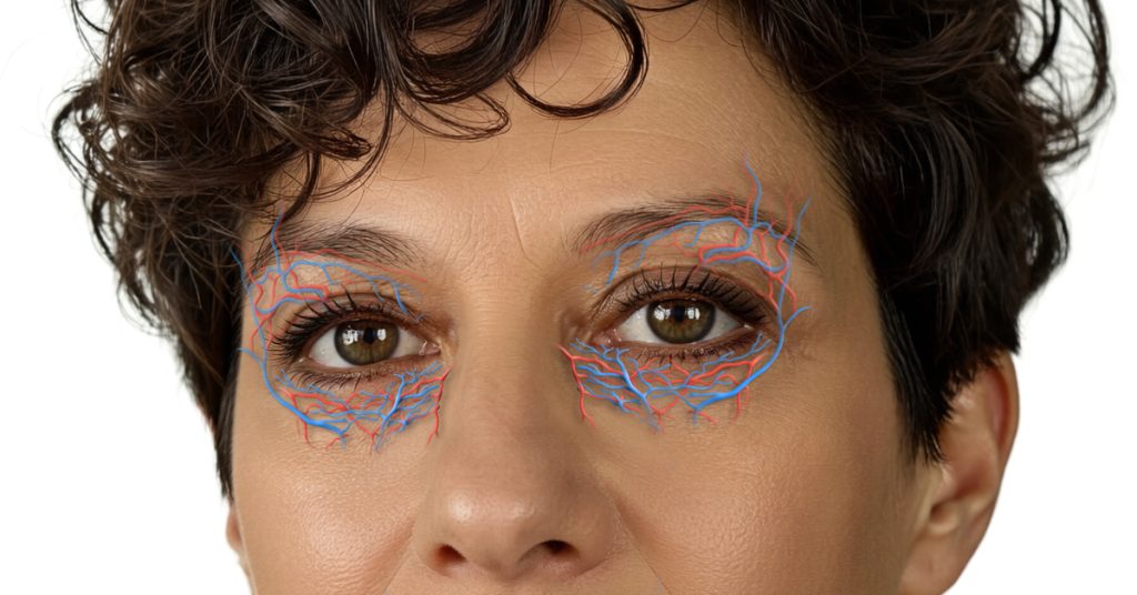 Illustrazione del contorno occhi con la rete di vasi sanguigni visibile sotto la pelle sottile, che può contribuire alla comparsa delle occhiaie blu o violacee.