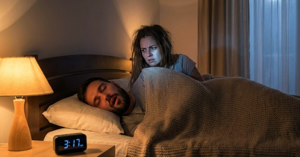 Uomo che russa nel letto di notte mentre la partner è sveglia: esempio di russare notturno