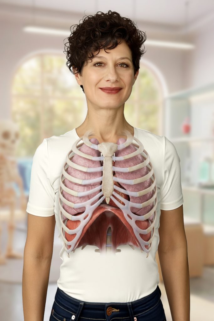 Illustrazione dei polmoni nel torace umano con gabbia toracica visibile e diaframma sotto i polmoni