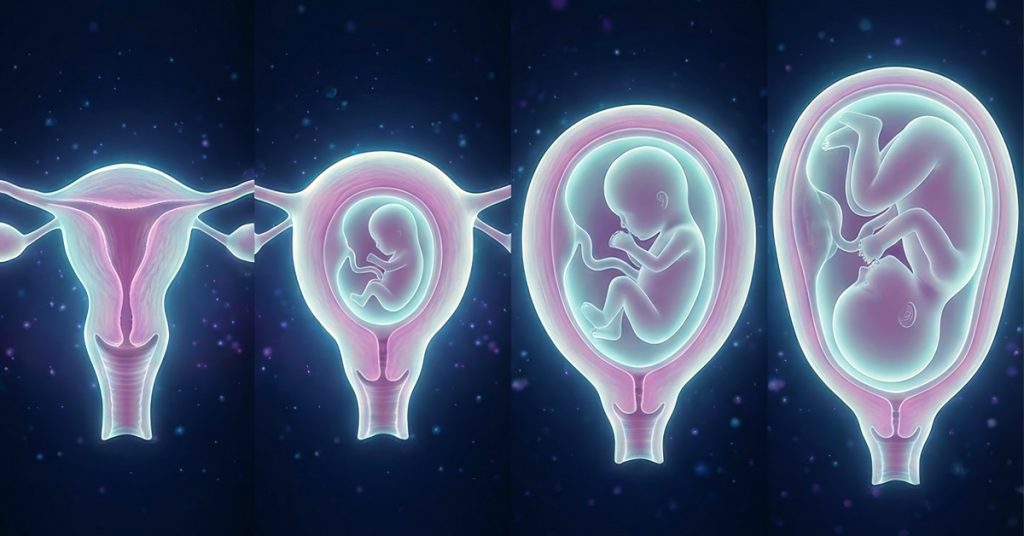 Illustrazione dello sviluppo dell’embrione e del feto nell’utero durante la gravidanza, dalle prime fasi della gestazione fino alla crescita avanzata del bambino nell’utero.