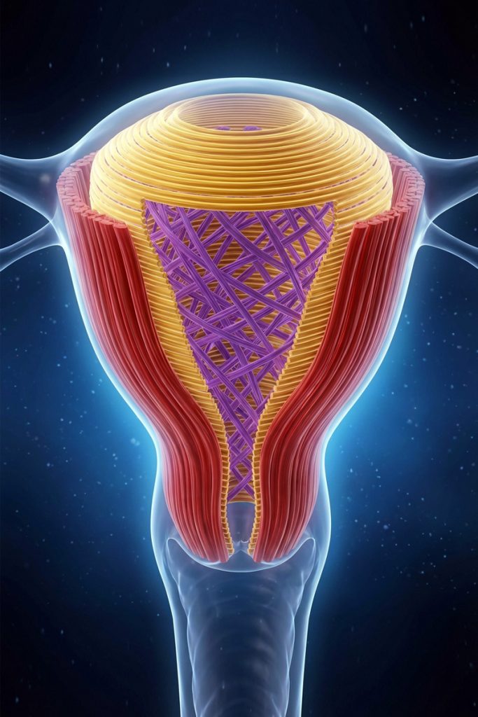 Illustrazione anatomica dei tre strati muscolari dell’utero (miometrio) con fibre orientate longitudinalmente, circolarmente e obliquamente.